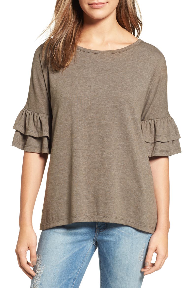 Tiered Bell Sleeve Tee, Main, color, OLIVE TARMAC