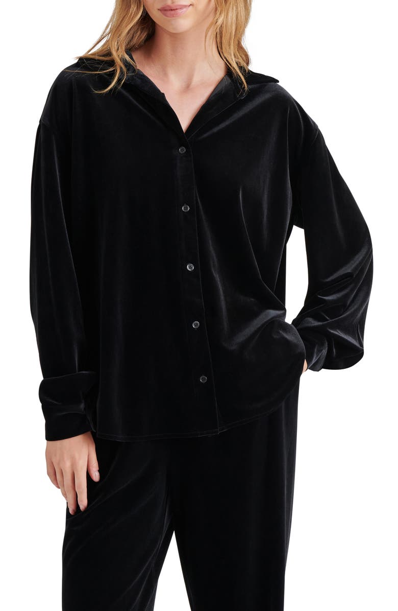 Steve Madden Jaelynn Slouchy Stretch Velvet Button-Up Shirt, Main, color,