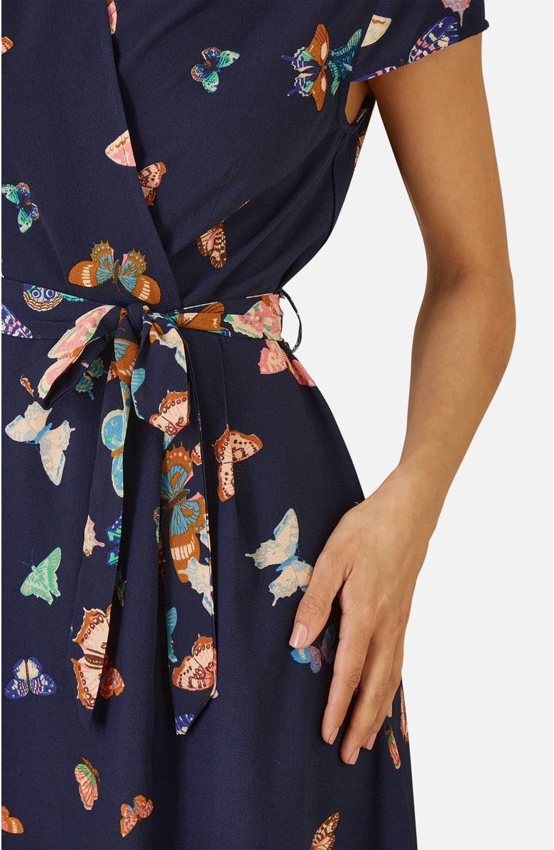 Yumi Butterfly Print Dip Hem Midi Wrap Dress, Alternate, color, Navy