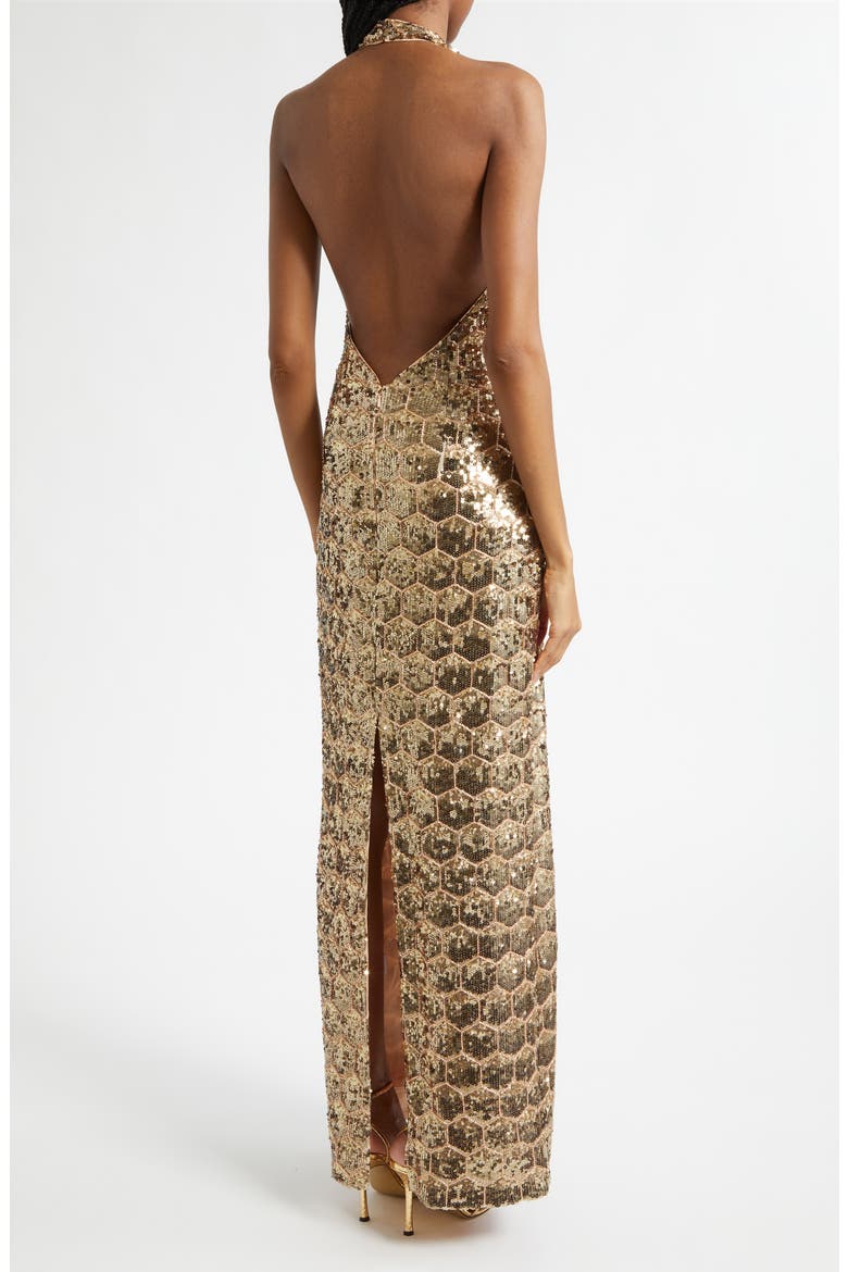 Shauna Sequin Halter Gown, Alternate, color, GOLD SEQUIN