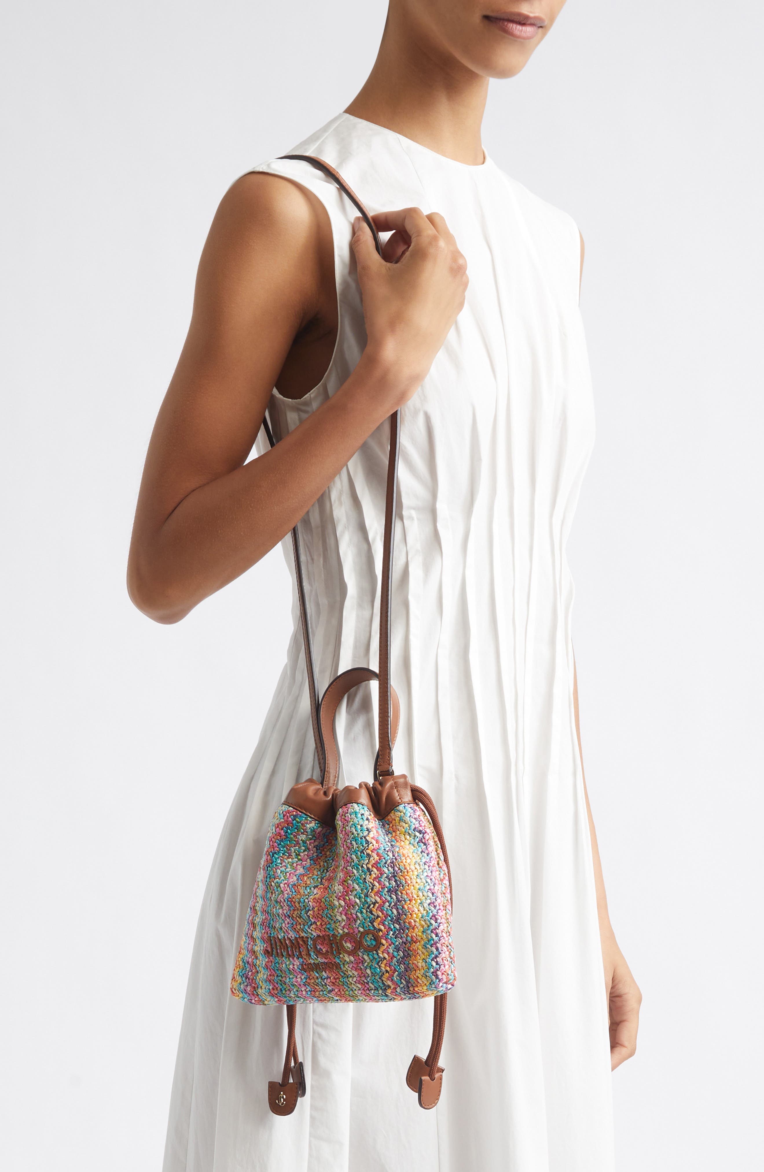 Jimmy Choo Chevron Raffia Drawstring Pouch, Alternate, color, Multi/ Tan/ Light Gold