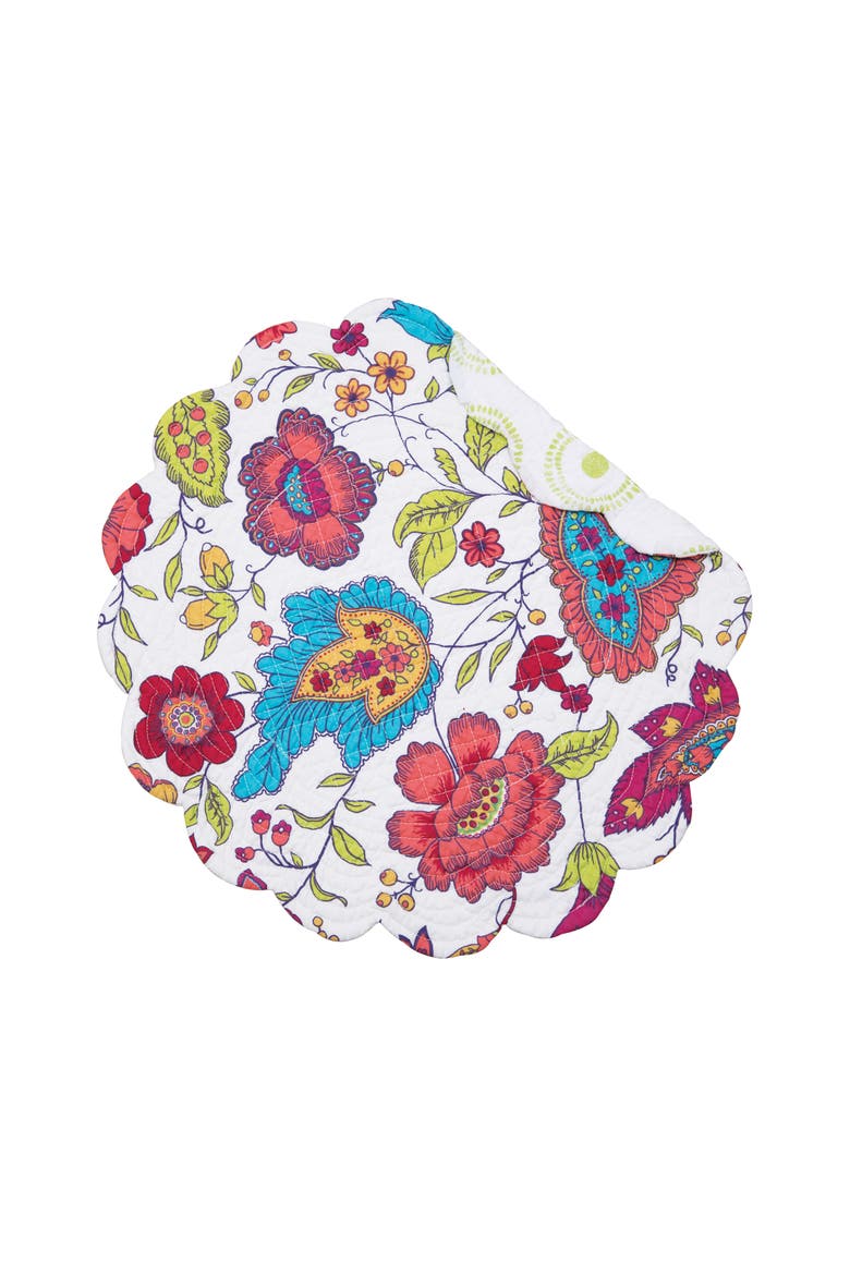 Teagan Floral Cotton Quilted Round Placemats Set of 6 - Vibrant Reversible, 17", Main, color, White