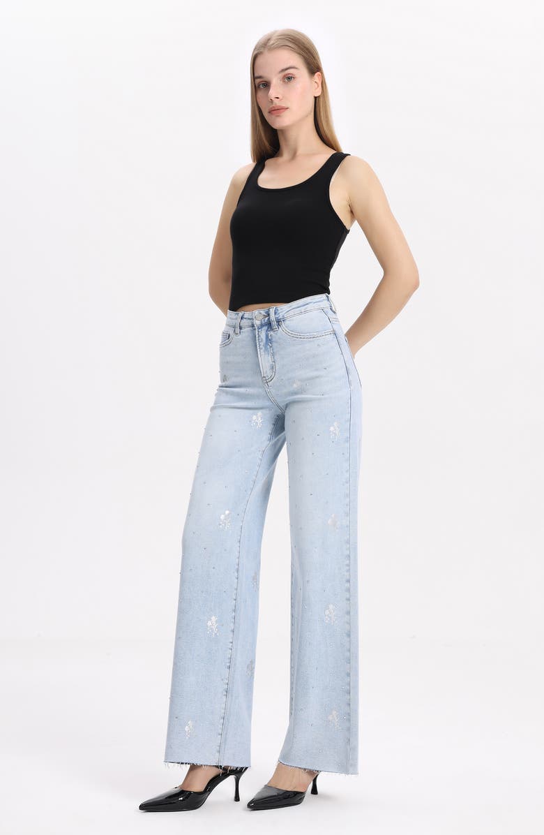 Bayeas Embellished Raw Hem High Waist Wide Leg Jeans, Alternate, color, Light Blue