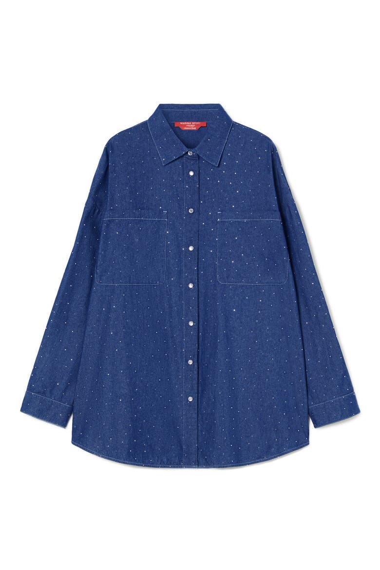 Jene Rhinestone Detail Denim Shirt Jacket, Alternate, color, NAVY