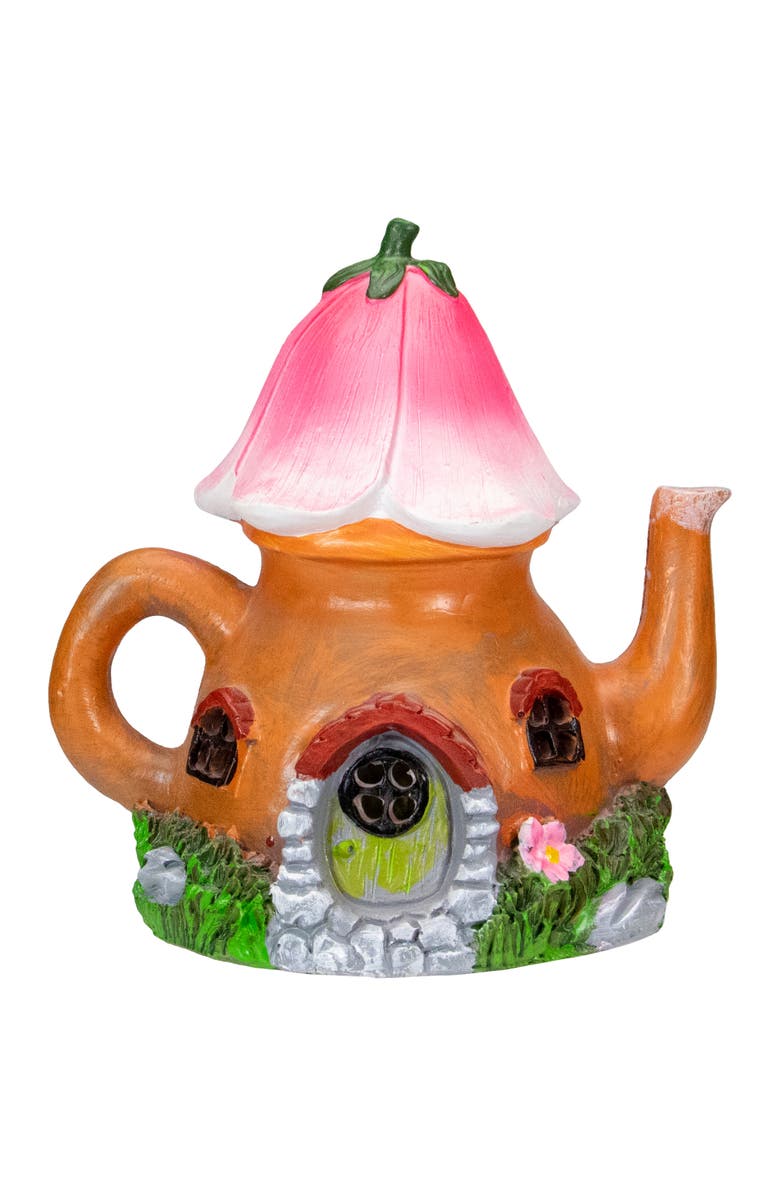 Northlight 7" Solar Lighted Flower Teapot Outdoor Garden Statue, Main, color, Brown