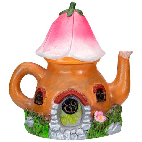 7" Solar Lighted Flower Teapot Outdoor Garden Statue