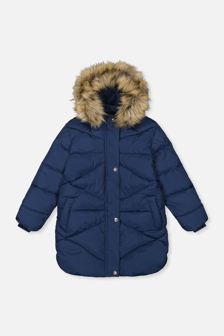 Long Winter Diamond Quilted Faux Fur Hood Puffer Coat, Main, color, Dark Blue