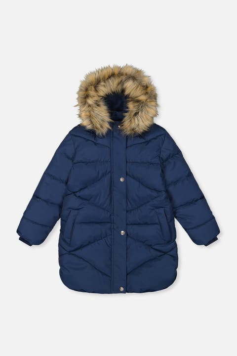 Long Winter Diamond Quilted Faux Fur Hood Puffer Coat