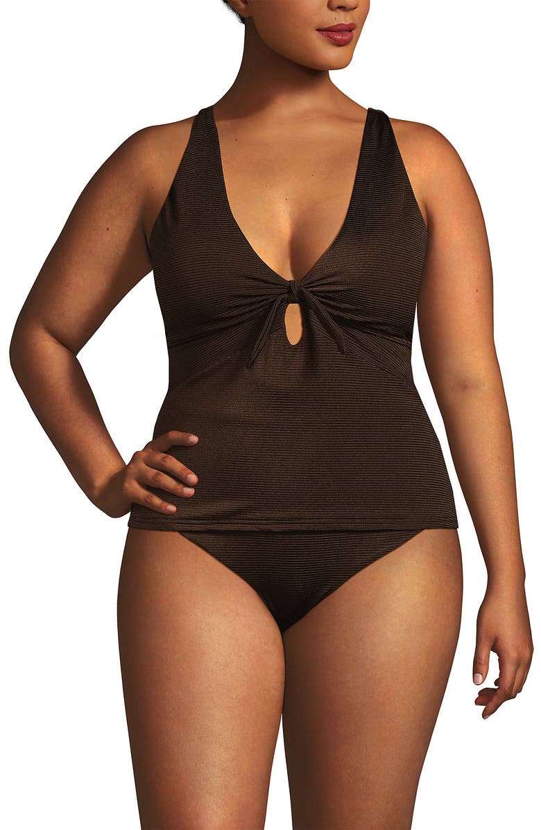 Lands' End Shine Ribbed Tankini Top and High Waisted Bottom Swimsuit Set, Main, color, Chocolate Brown Shine