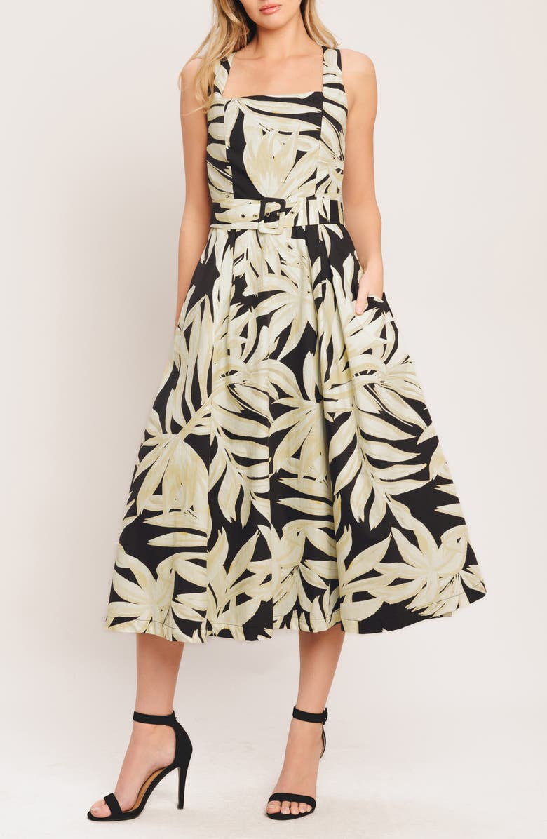FLYING TOMATO Print Midi Dress, Main, color, Black Taupe