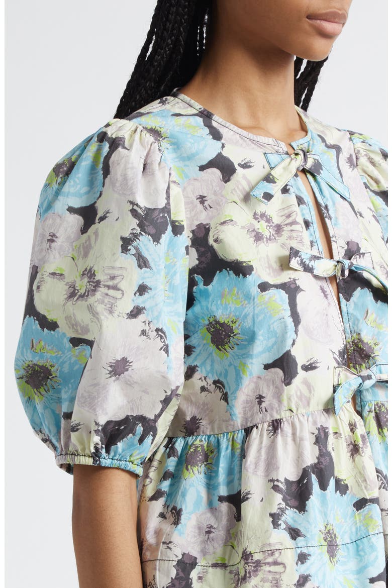 Print Puff Sleeve Peplum Organic Cotton Top, Alternate, color, WHITE MULTICOLOR