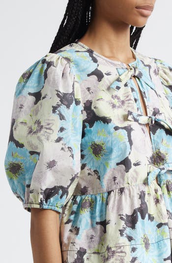 Print Puff Sleeve Peplum Organic Cotton Top
