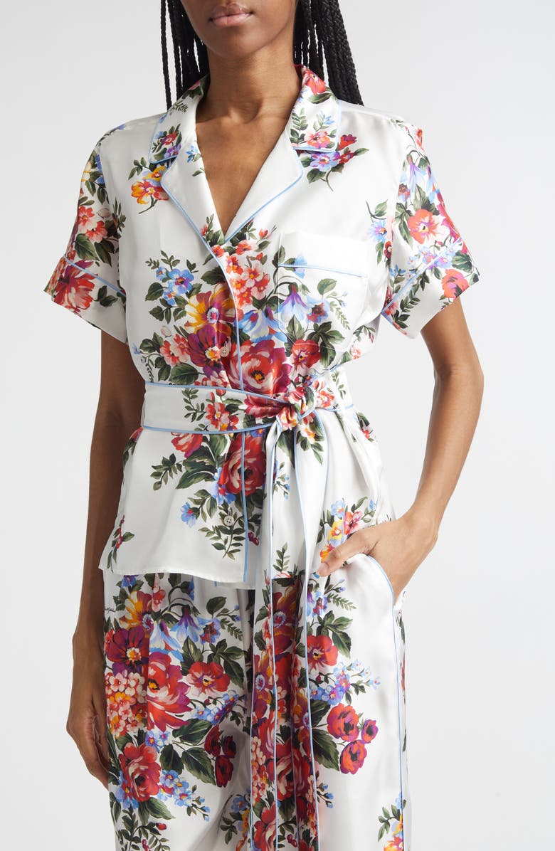 Dolce&Gabbana Floral Bouquet Print Belted Silk Twill Shirt, Alternate, color, Mazz.fiori F.bianco