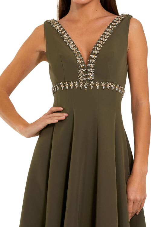 Mac Duggal Rhinestone Embellished Crepe A Line Midi Dress In Green