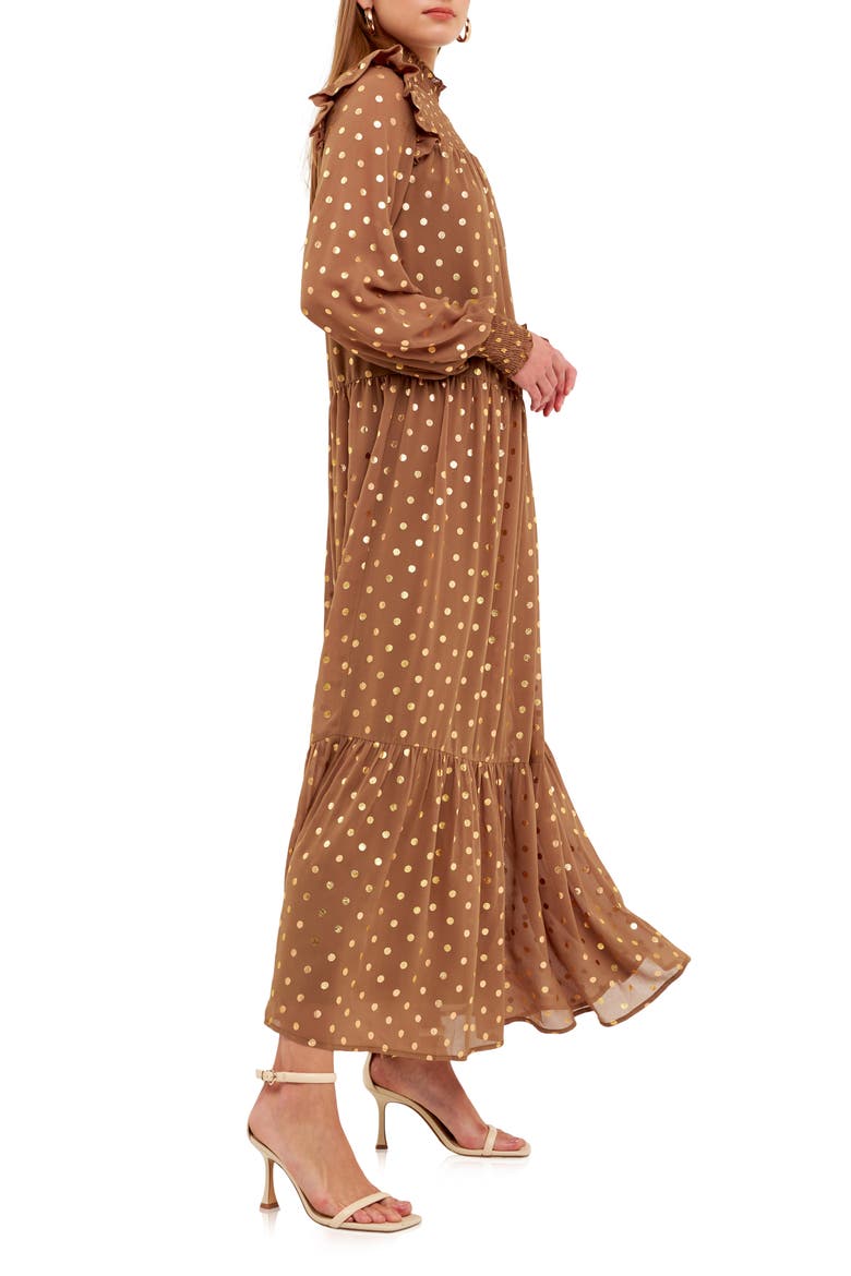 Metallic Dot Tie Waist Long Sleeve Maxi Dress, Alternate, color, TAN