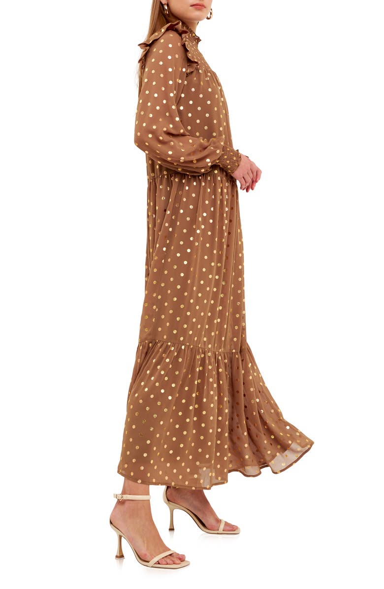 Endless Rose Metallic Dot Tie Waist Long Sleeve Maxi Dress, Alternate, color, Tan