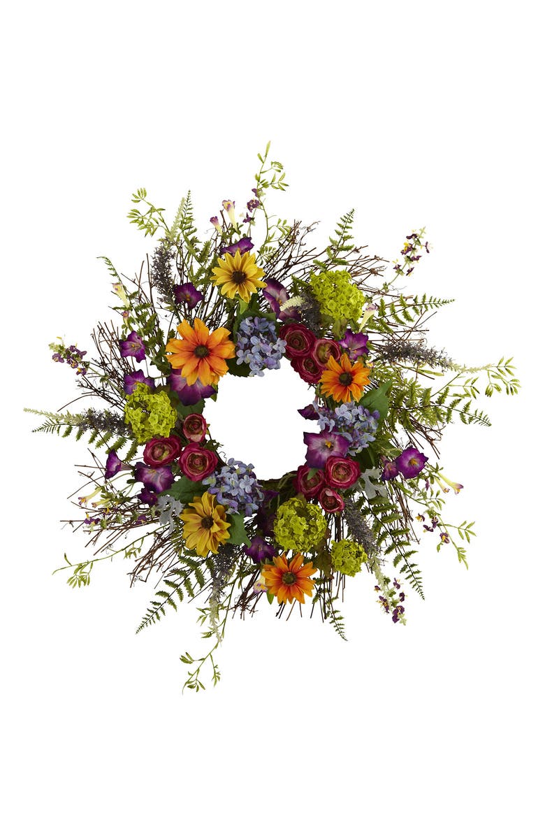 NEARLY NATURAL Multi 24" Spring Garden Wreath with Twig Base, Main, color, 