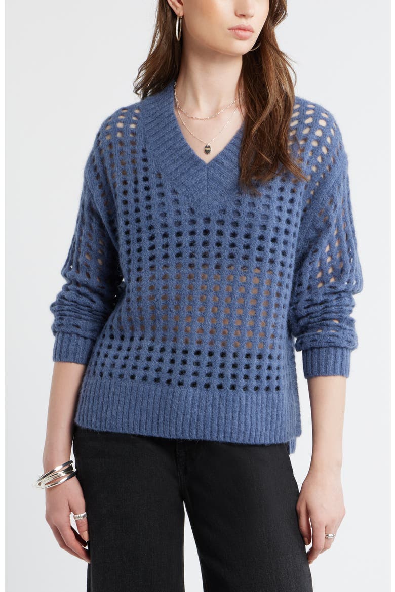 Mesh Stitch V-Neck Sweater, Main, color, BLUE INDIGO