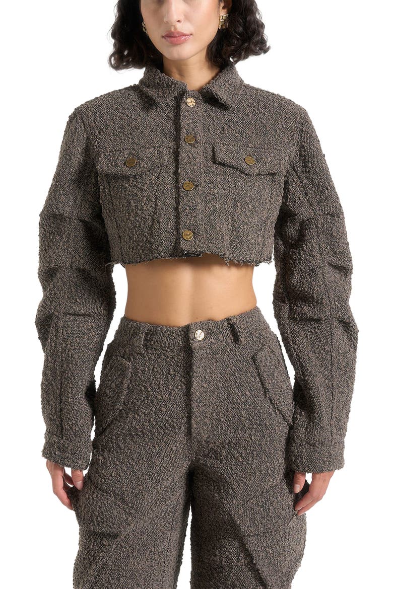 Catherine Cropped Boucle Denim Jacket, Alternate, color, Brown