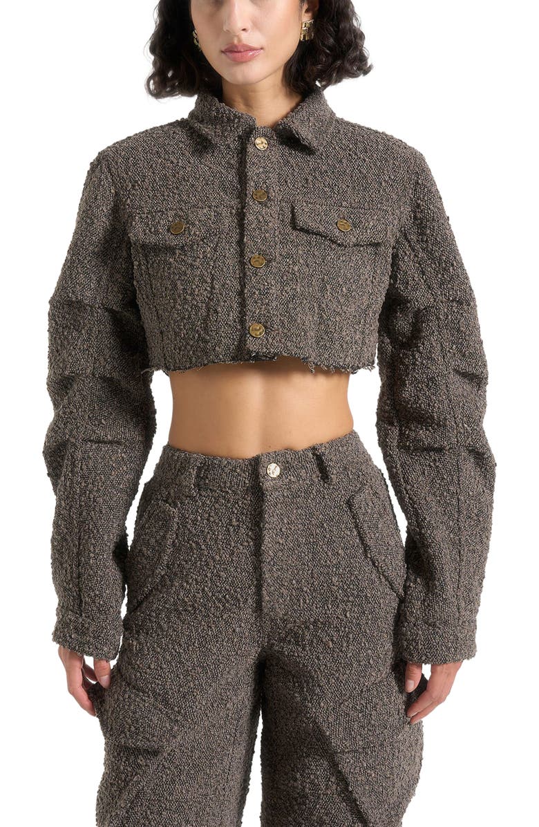 Manière De Voir Catherine Cropped Boucle Denim Jacket, Alternate, color, Brown