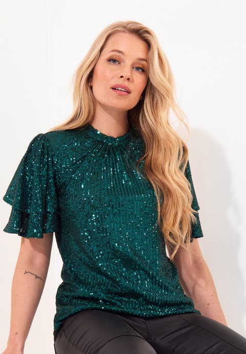 Short Flutter Sleeve Sequin Top