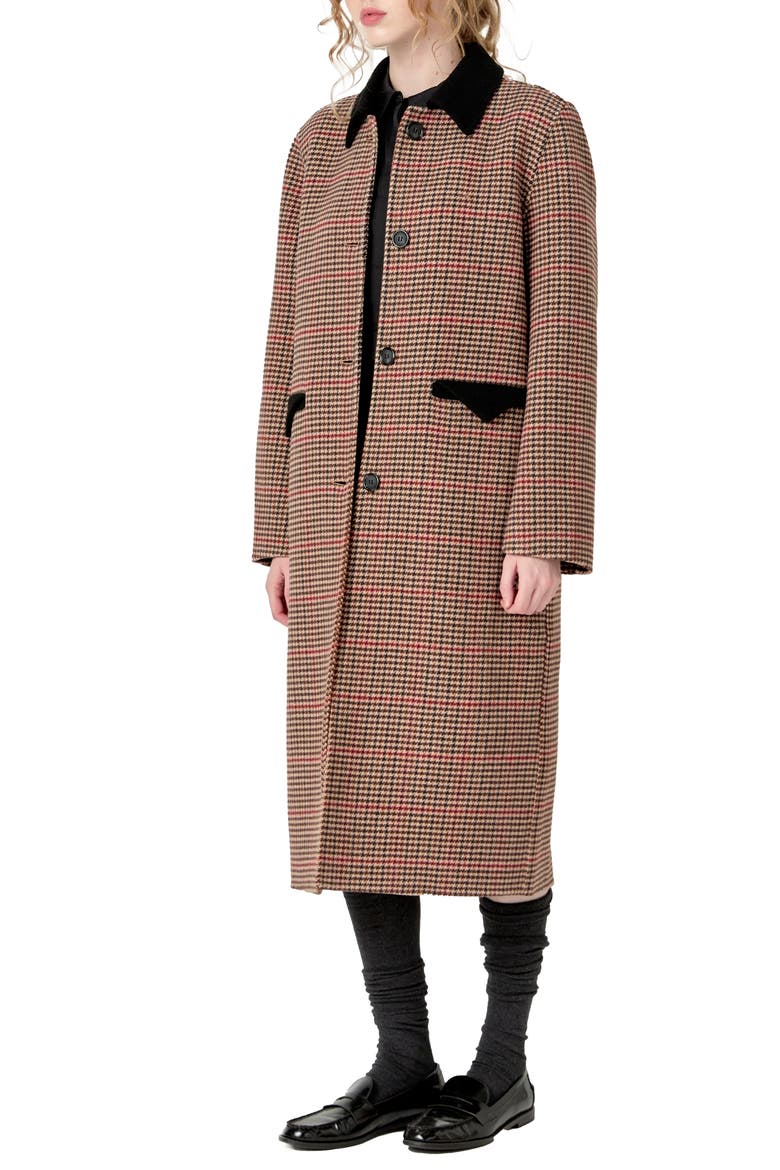Houndstooth Check Contrast Wool Blend Coat, Alternate, color, BROWN