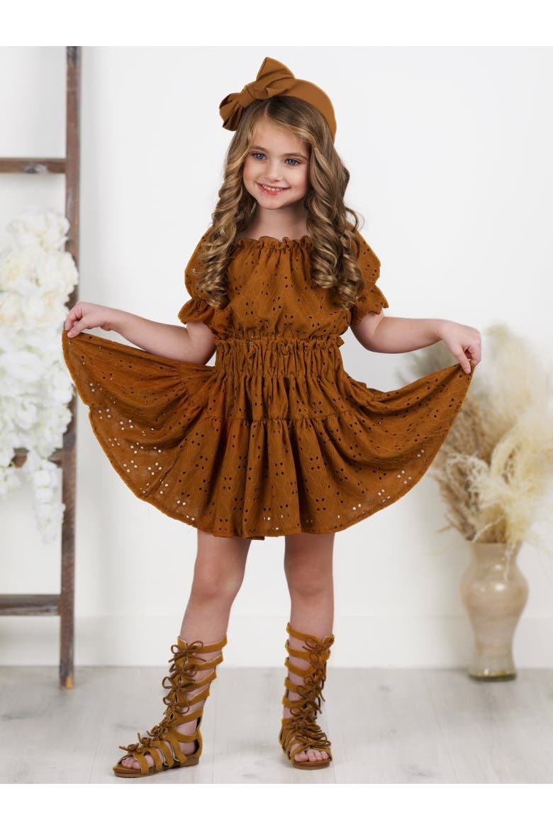 Girls Rosette Charm Eyelet Top & Skirt Set, Alternate, color, Brown