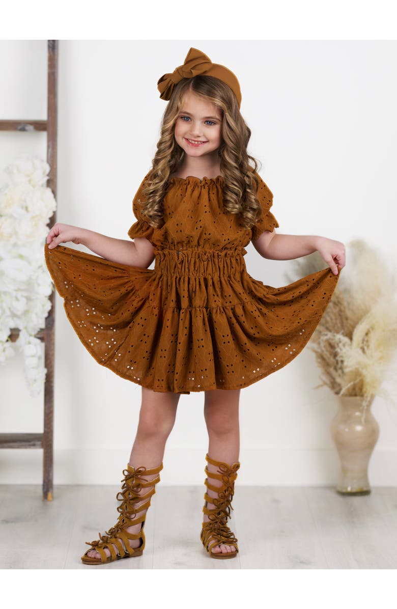 Mia Belle Girls Girls Rosette Charm Eyelet Top & Skirt Set, Alternate, color, Brown