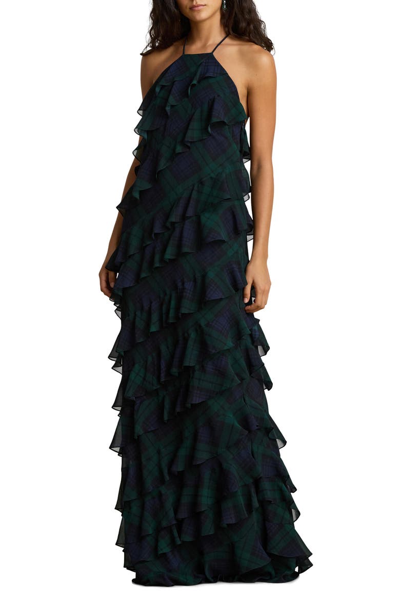 Plaid Ruffle Georgette Maxi Dress, Main, color, NAVY BLUE/ GREEN/ BLACK