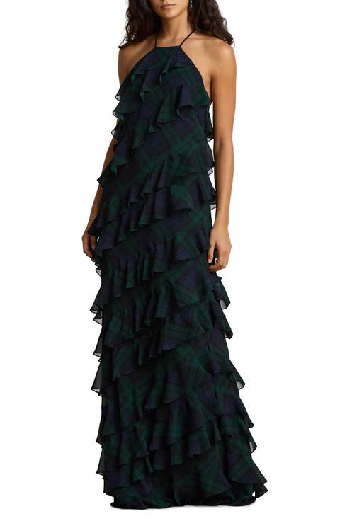 Plaid Ruffle Georgette Maxi Dress