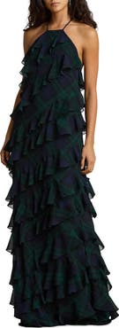 Lauren Ralph Lauren Plaid Ruffle Georgette Maxi Dress