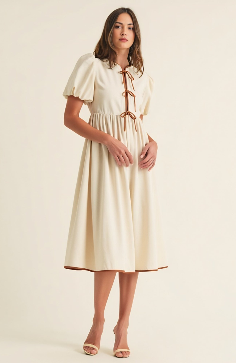 Modenaire Midi Puff Sleeve Dress with Contrast Ties and Hemline Trim, Alternate, color, 