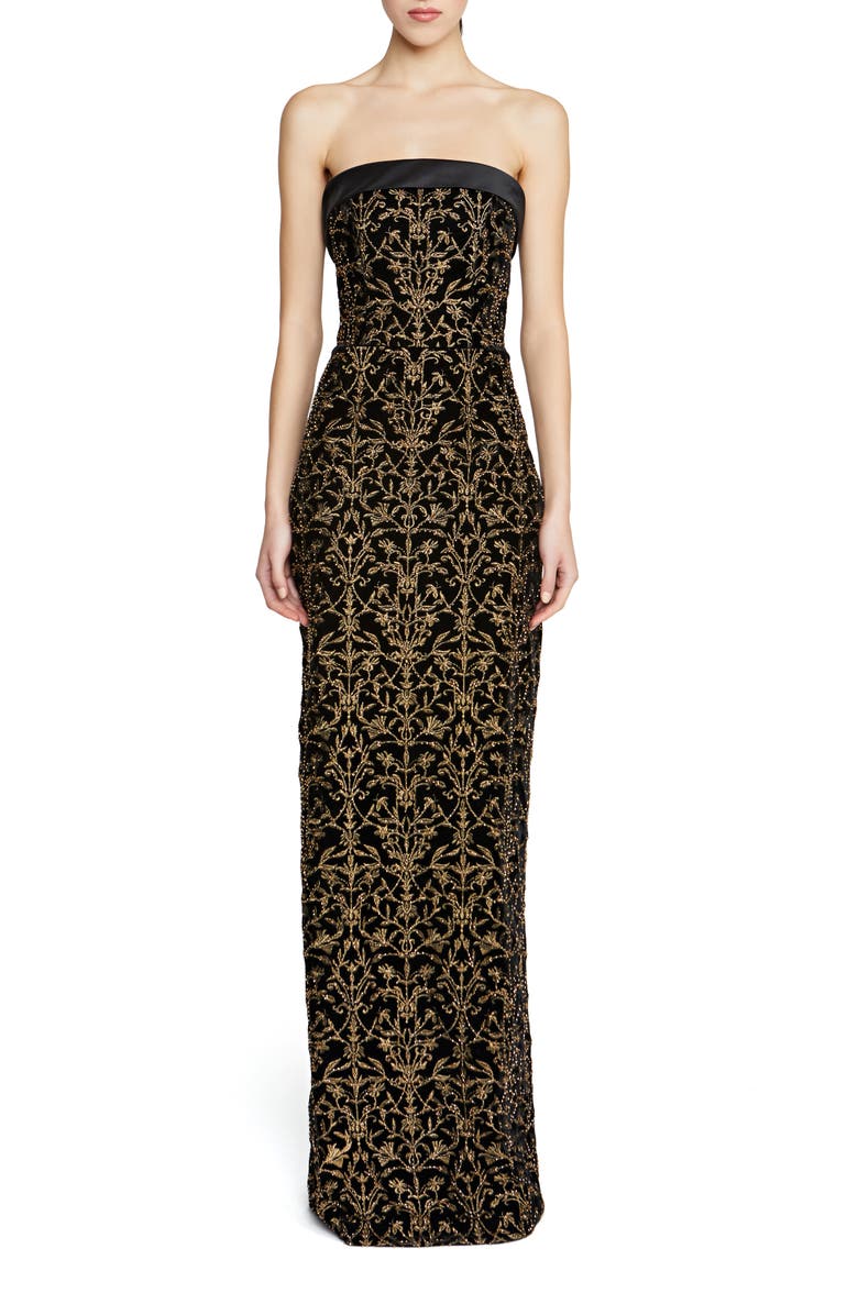 Theia Winona Beaded Tapestry Strapless Column Gown, Main, color, 