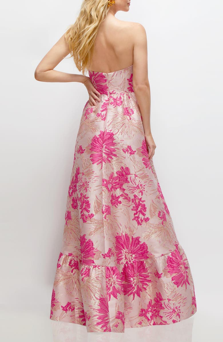 Dessy Collection Hibiskus Metallic Jacquard Strapless High-Low Gown, Alternate, color,