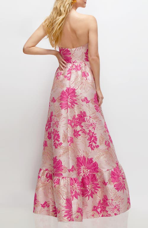 Dessy Collection Hibiskus Metallic Jacquard Strapless High-low Gown In Pink Multi
