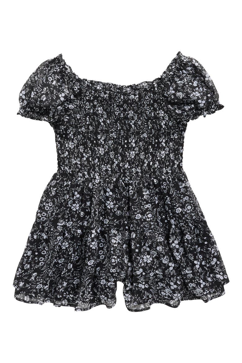 Kids' Smocked Bodice Chiffon Romper, Main, color, BLACK DITSY