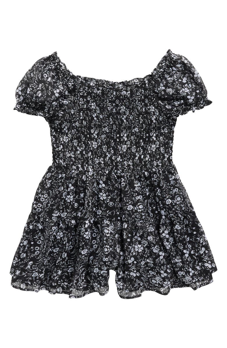 Love, Fire Kids' Smocked Bodice Chiffon Romper, Main, color, Black Ditsy