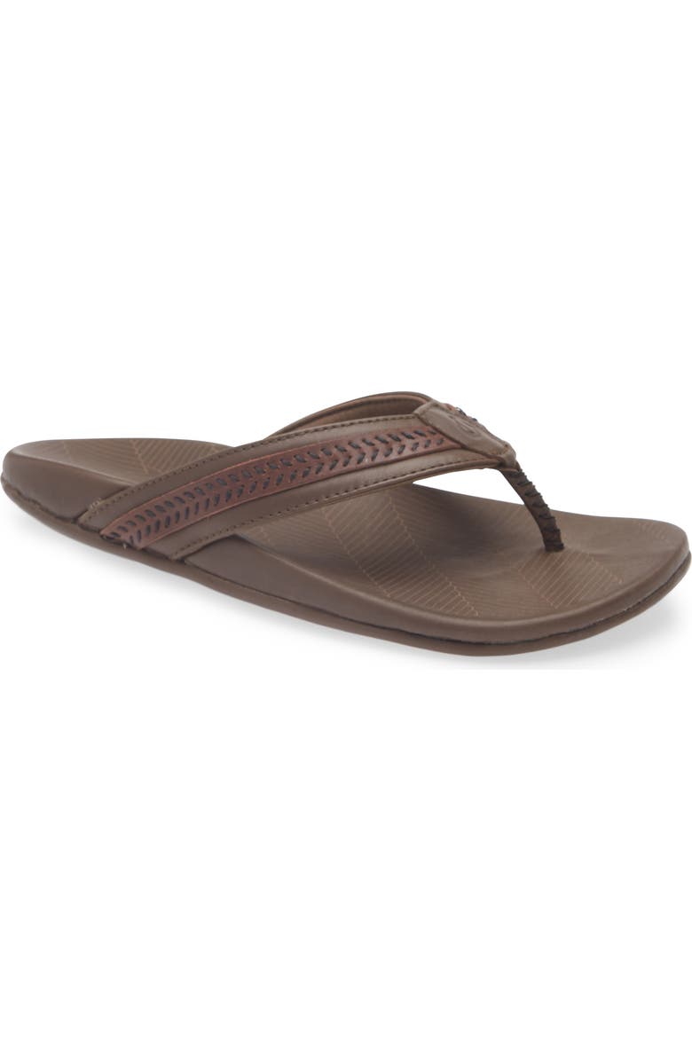 OluKai Aho Leather Flip Flop, Main, color, Dk Wood / Dk Wood