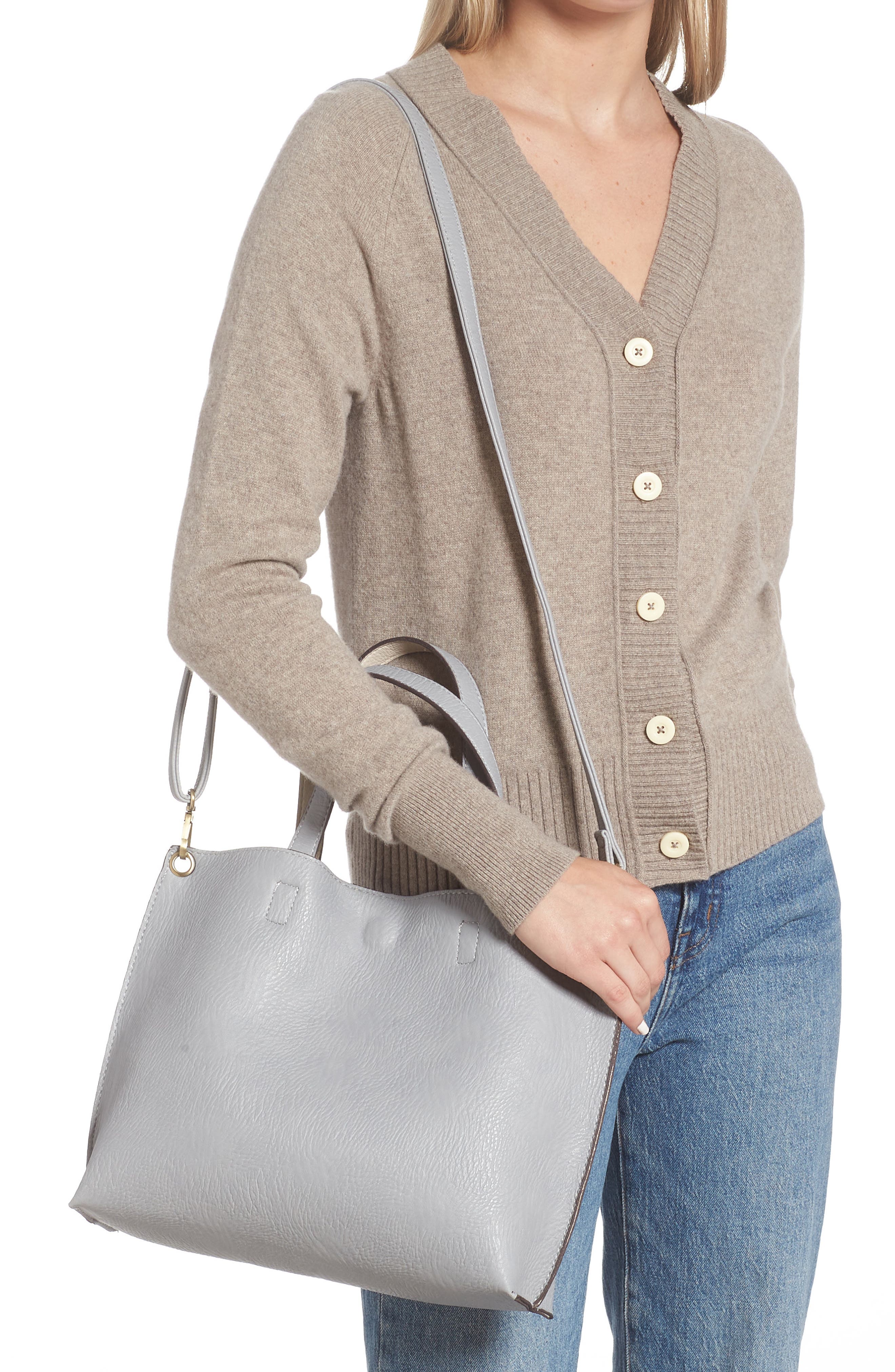 Mini Reversible Faux Leather Tote & Wristlet, Alternate, color, GREY/ BONE