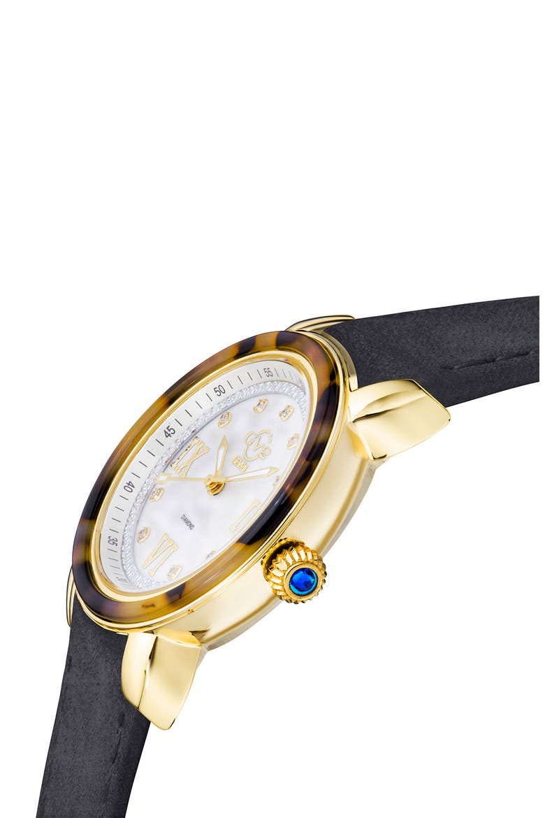Marsala Tortoise Pattern Mother of Pearl Dial Suede Strap Watch, 36mm - 0.045 ctw., Alternate, color, BLACK