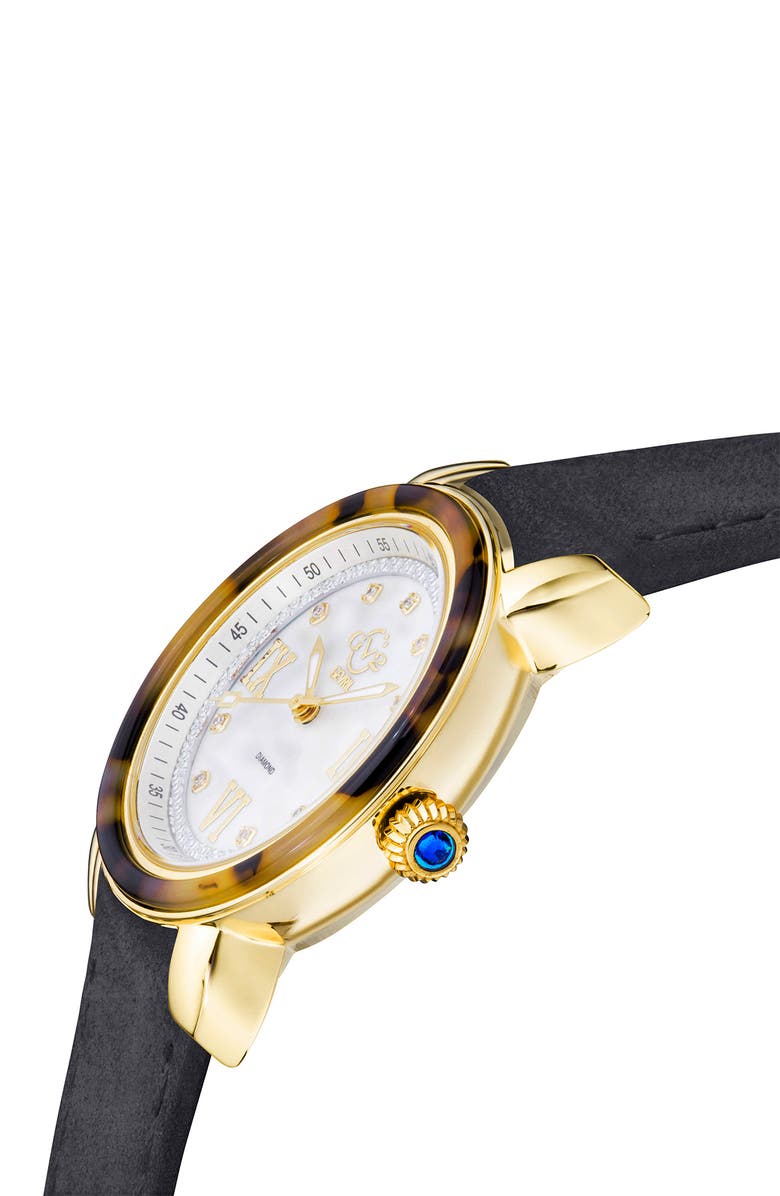 GV2 Marsala Tortoise Pattern Mother of Pearl Dial Suede Strap Watch, 36mm - 0.045 ctw., Alternate, color, Black