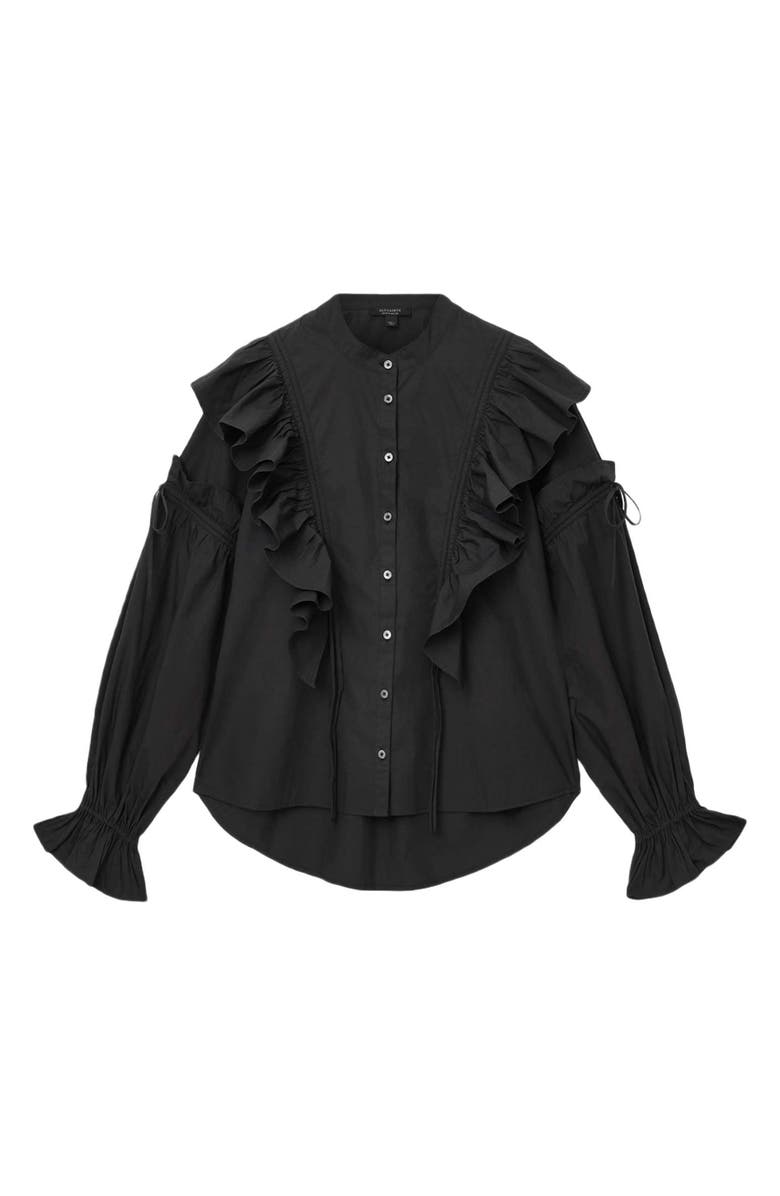AllSaints Lulu Ruffle Ruched Cotton Button-Up Shirt, Alternate, color, Black