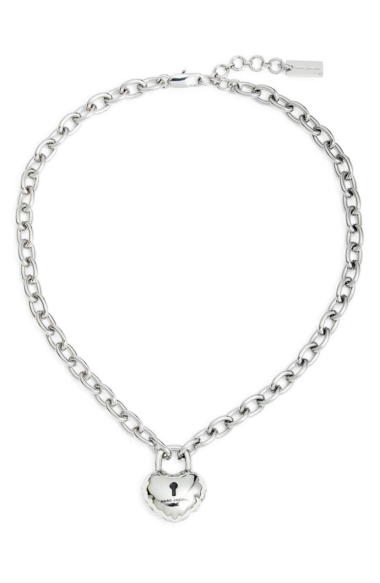 Marc Jacobs Balloon Heart Lock Pendant Necklace, Alternate, color, Light Antique Silver