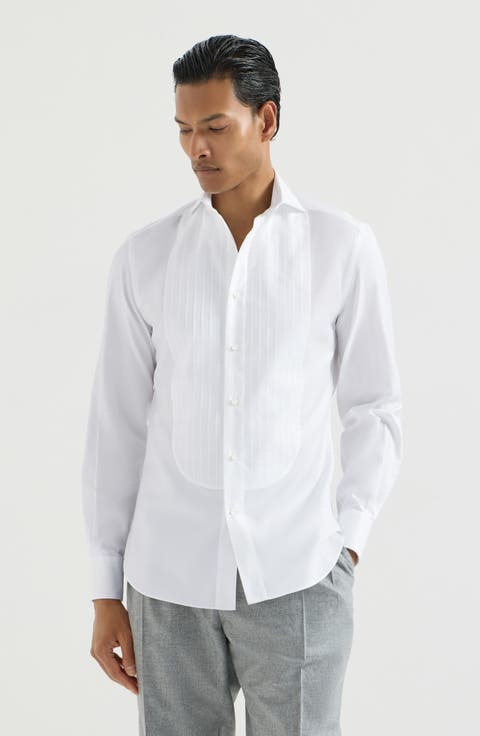 Sea Island Cotton Twill Shirt With Point Collar And Pleated Bib
