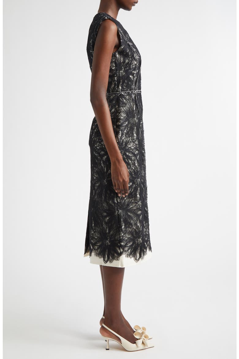 midi dress with metallic thread Metallic Thread Lace Pencil Midi Dress (Women)