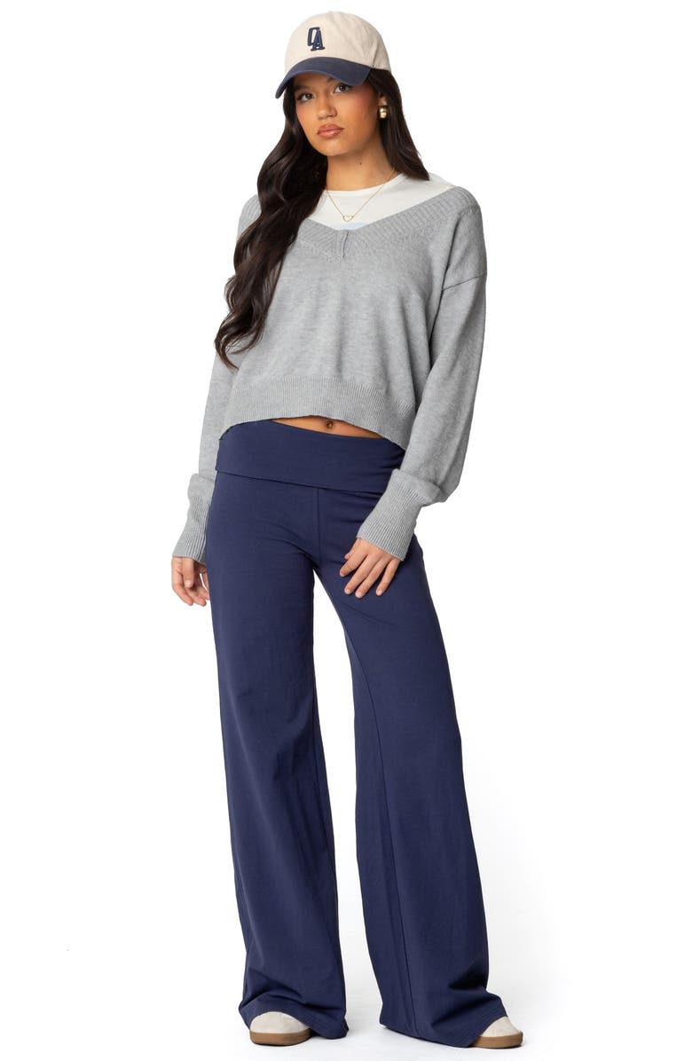 EDIKTED Wide Leg Foldover Pants, Alternate, color, Navy