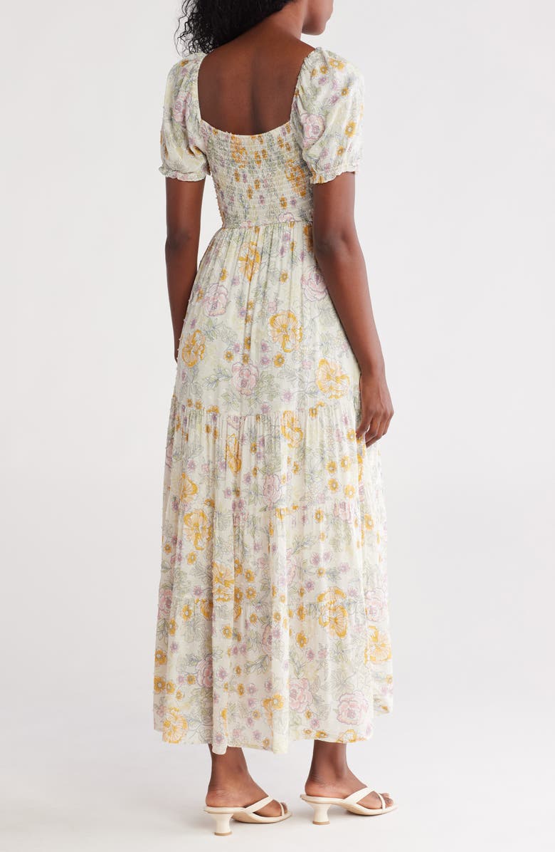 Lovestitch Floral Puff Sleeve Tiered Maxi Dress, Alternate, color, Natural/ Pink