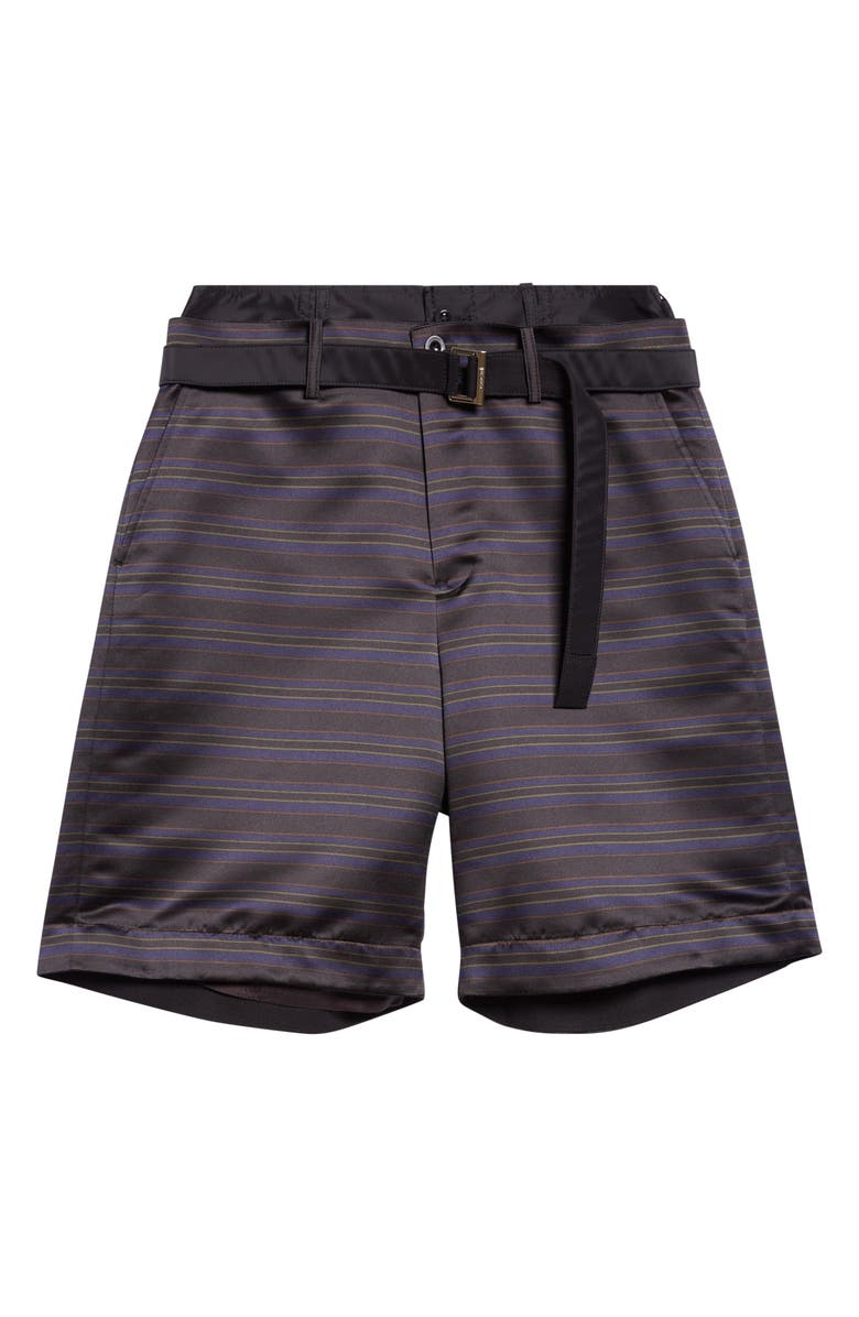 Sacai Belted Mixed Media Horizontal Stripe Shorts, Alternate, color, Black/ Navy