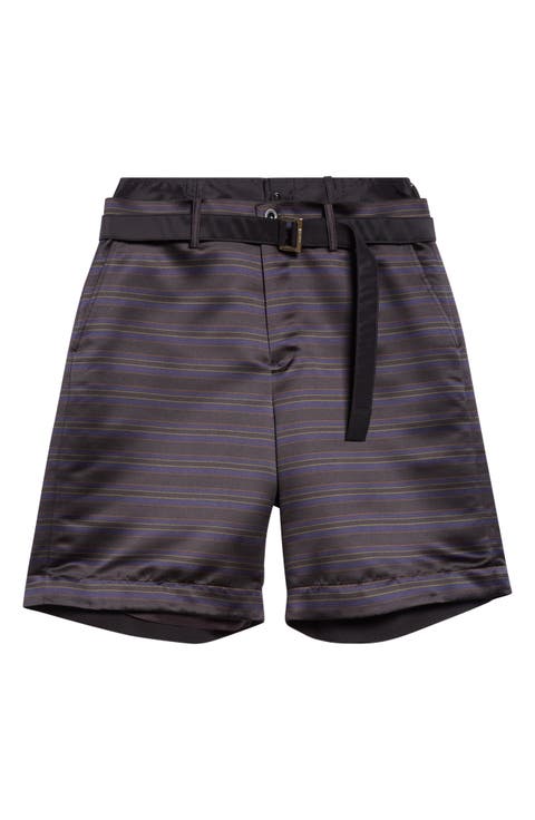 Belted Mixed Media Horizontal Stripe Shorts