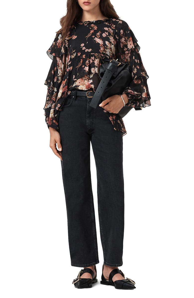 AllSaints Lissie Floral Print Ruffle Top, Alternate, color, Armada Black